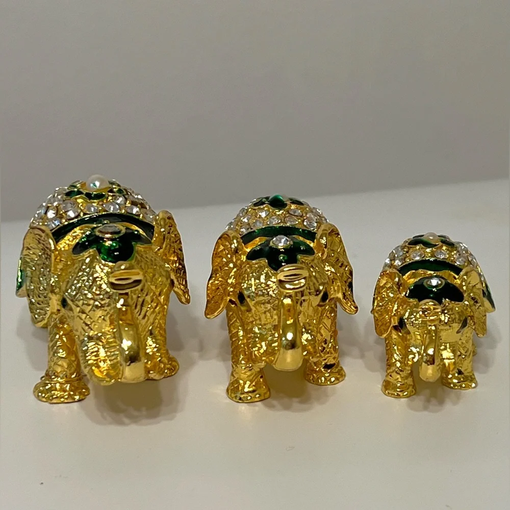 Set of 3 Gold Color Elephants Family Metal Trinket Dishes Green & Pearls Accents